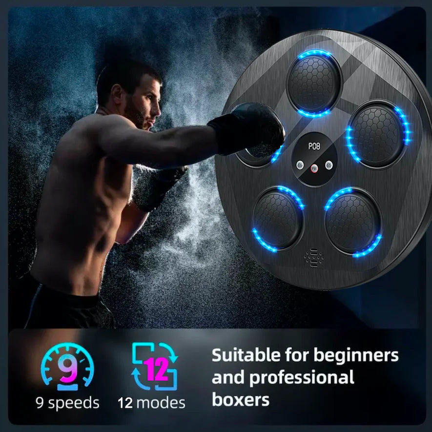 An interactive electronic boxing target with rhythmic music and lighting effects. A music boxing machine.