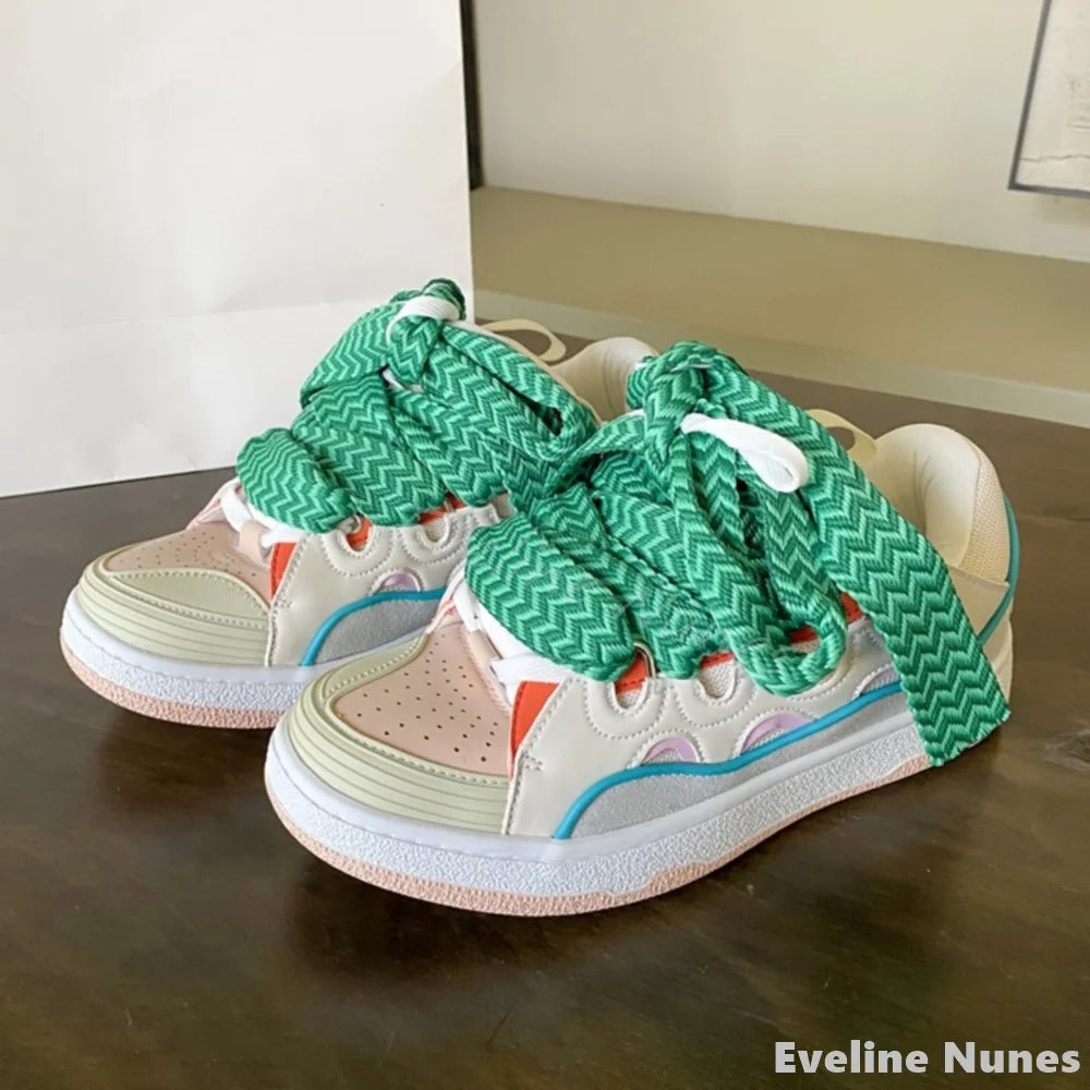 Thick Soled Casual Sports Shoes Men/women Colorblock Lace Up Round Toe Couples Colors Skateboard Shoes 2024 New Fashion Shoes