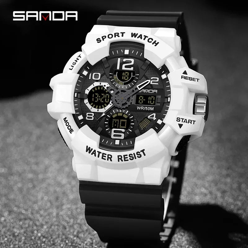SANDA 3168 White Sport Watch  LED Digital 50M Waterproof Watch Men Multifunction Clock Relogio Masculino Men Military Watches