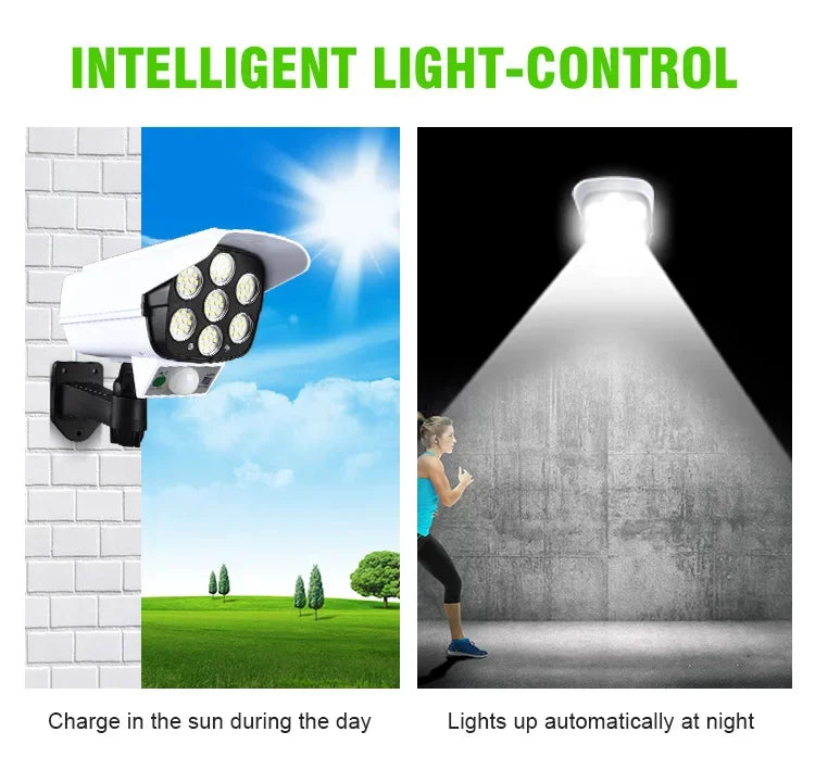 Security Dummy Camera Lamp 77 LEDs Motion Sensor Solar Night Lights Waterproof 3 Lighting Modes Home Porch Garden FloodLight