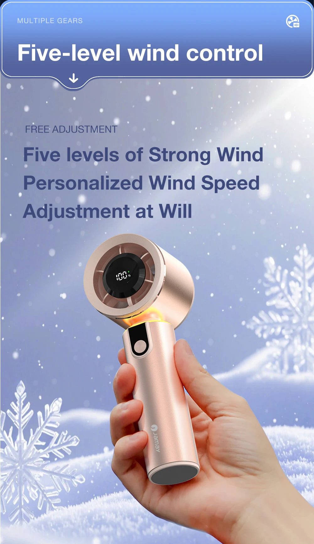 Portable Handheld Turbo Fan with LED Screen 5 Adjustable Speed Levels High Wind Cooling USB Rechargeable Summer Outdoor 4000mAh