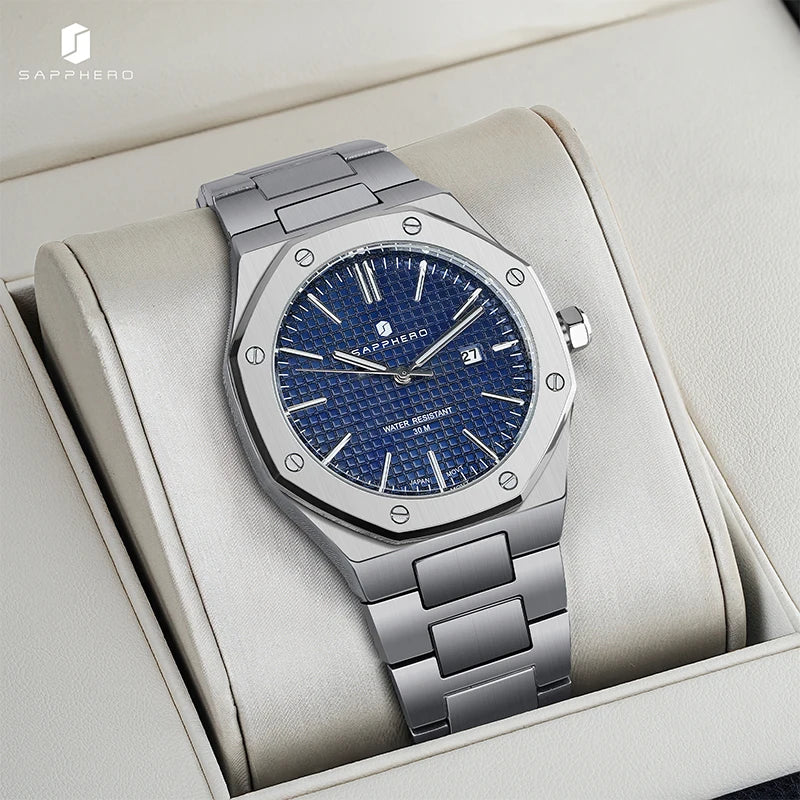 SAPPHERO Men's Watch, Stainless Steel Strap, Water-Resistant Design, Automatic Calendar, Festive Gifts, Exquisite Gift Box Clock