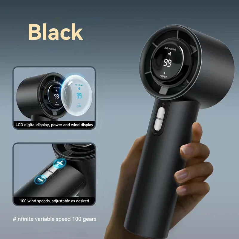 2025 Portable Turbo Handheld Fan - 100-Speed Adjustable, USB Rechargeable Mini Fan with LED for Camping, Outdoor & Travel