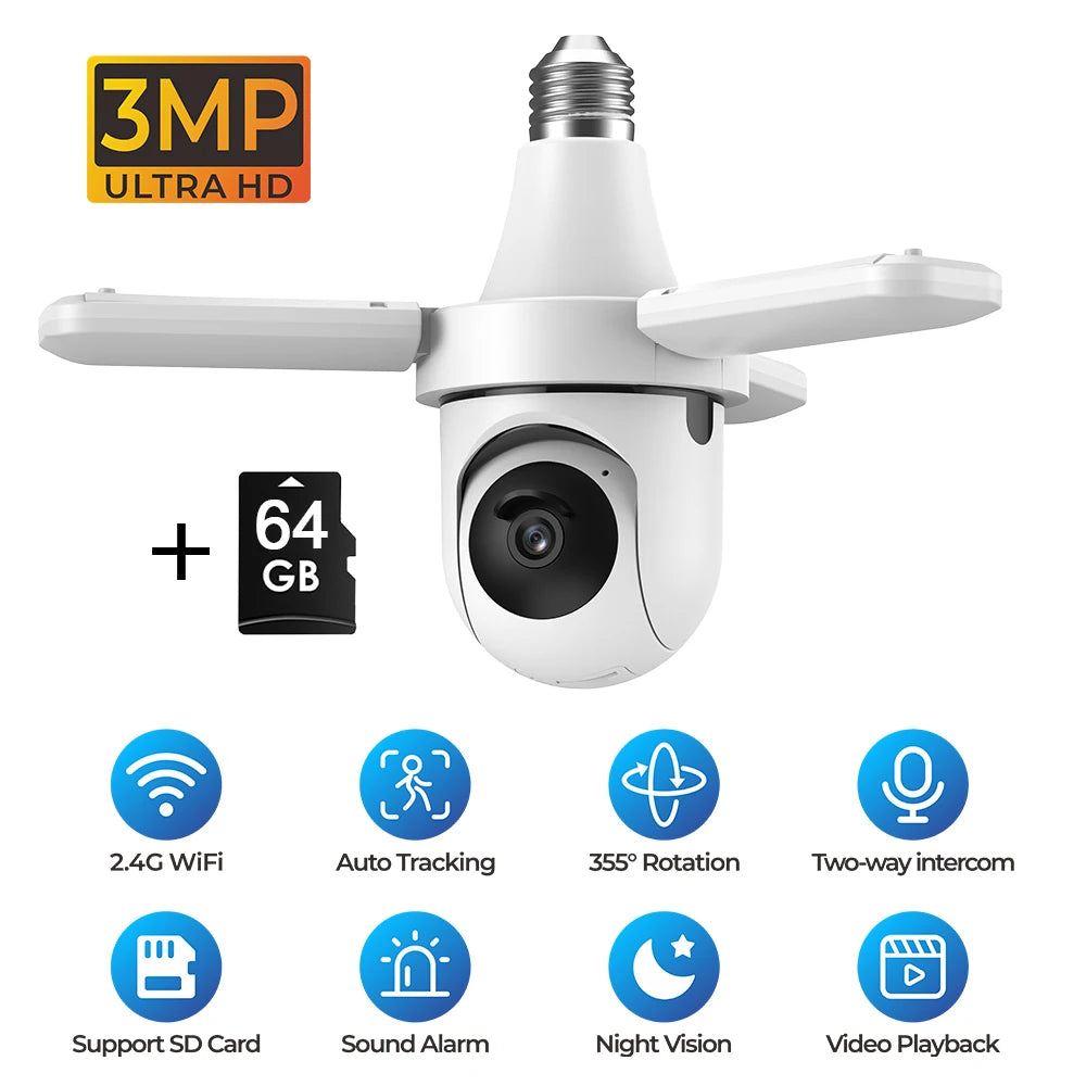 2K 3MP Wireless Bulb Security Camera with Motion Detection Color Night Vision Two-Way Audio Tuya Smart Life Home Surveillance