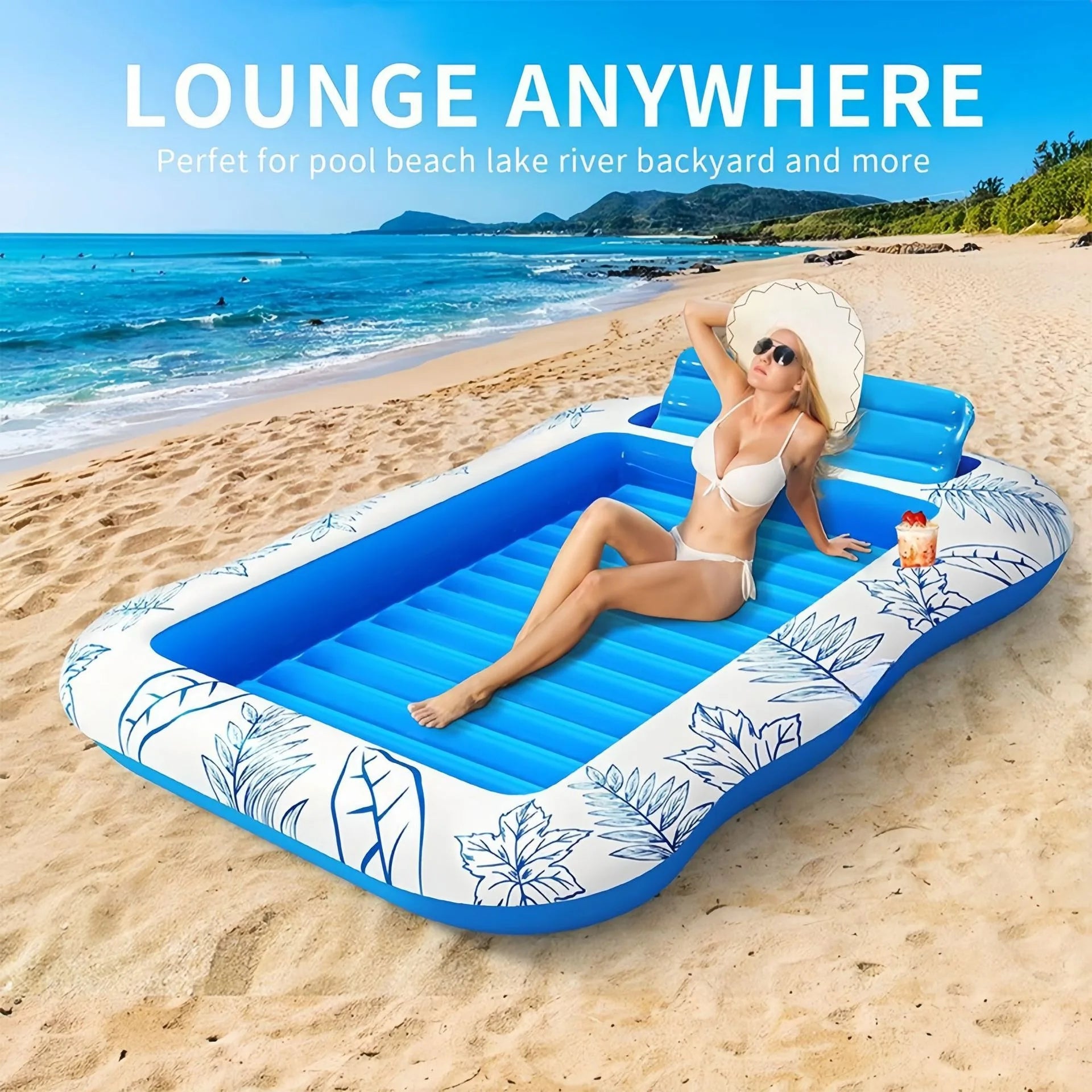 Inflatable Adult Pool Lounger Float - Large Beach Sun Tanning Floaty Raft Sunbathing Water Lounge Float Tub with Drink Holder