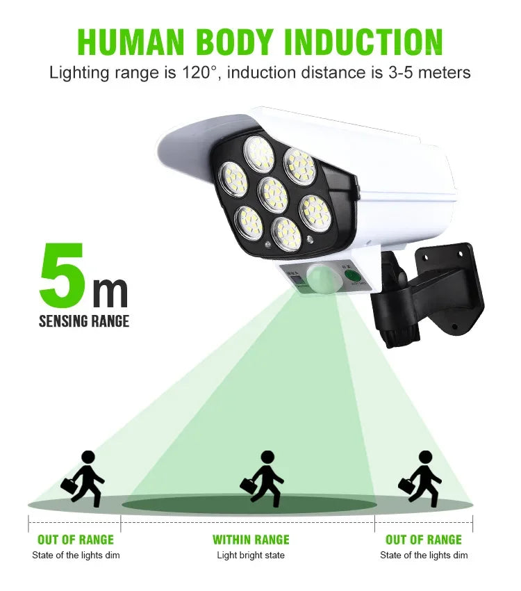 Security Dummy Camera Lamp 77 LEDs Motion Sensor Solar Night Lights Waterproof 3 Lighting Modes Home Porch Garden FloodLight