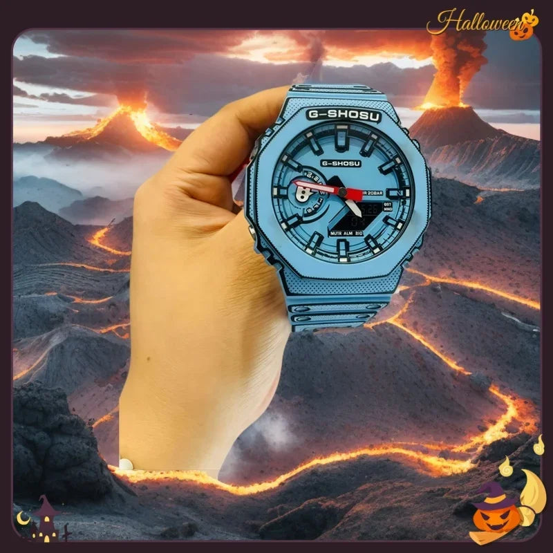 Comic Sport Electronic Unisex Watch LED World Time Automatic Hand Lift Light Dual Display