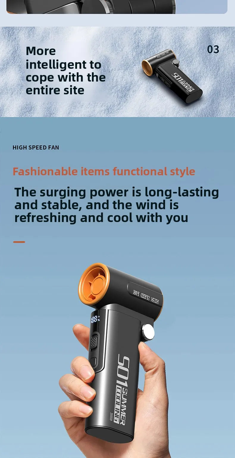 Handheld Fan, Turbo Power High Speed Air, USB Charging, Foldable Otdoor Portable Small Fan, LED Digital Display Turbo Fan