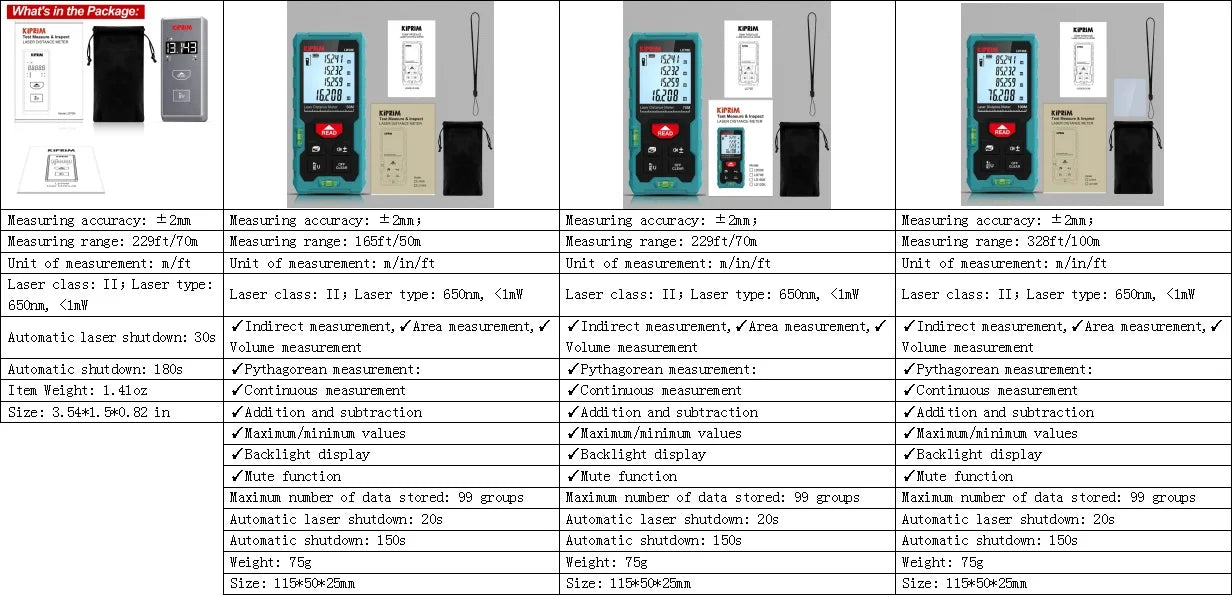 Kiprim Laser Rangefinder 50M 70M 100M Mini Laser Measurement Tool Laser Tape High Accuracy  Multiple Measurement Functions