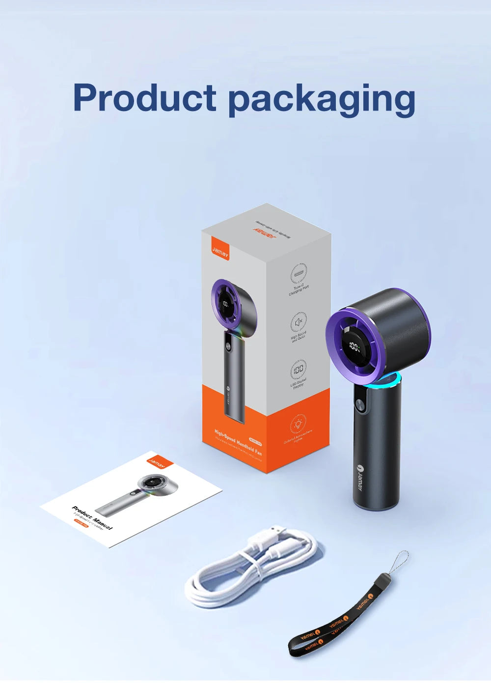 Portable Handheld Turbo Fan with LED Screen 5 Adjustable Speed Levels High Wind Cooling USB Rechargeable Summer Outdoor 4000mAh