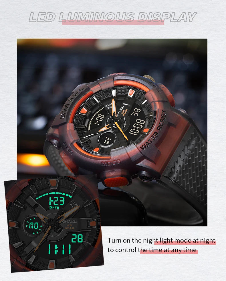 SMAEL Sport Digital Watch for Men Waterproof Sports Style Silicone Strap Stopwatch Shockproof Alarm Clock Male Quartz Wristwatch