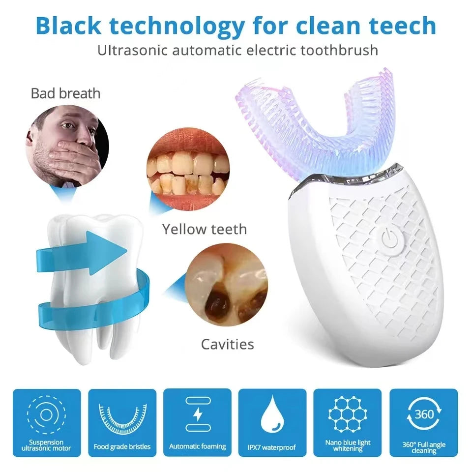 Sonic Automatic Electric Toothbrush For AdultUShaped 360 Degree Toothbrush USB RechargeableTeeth Cleaning & Whitening Brush