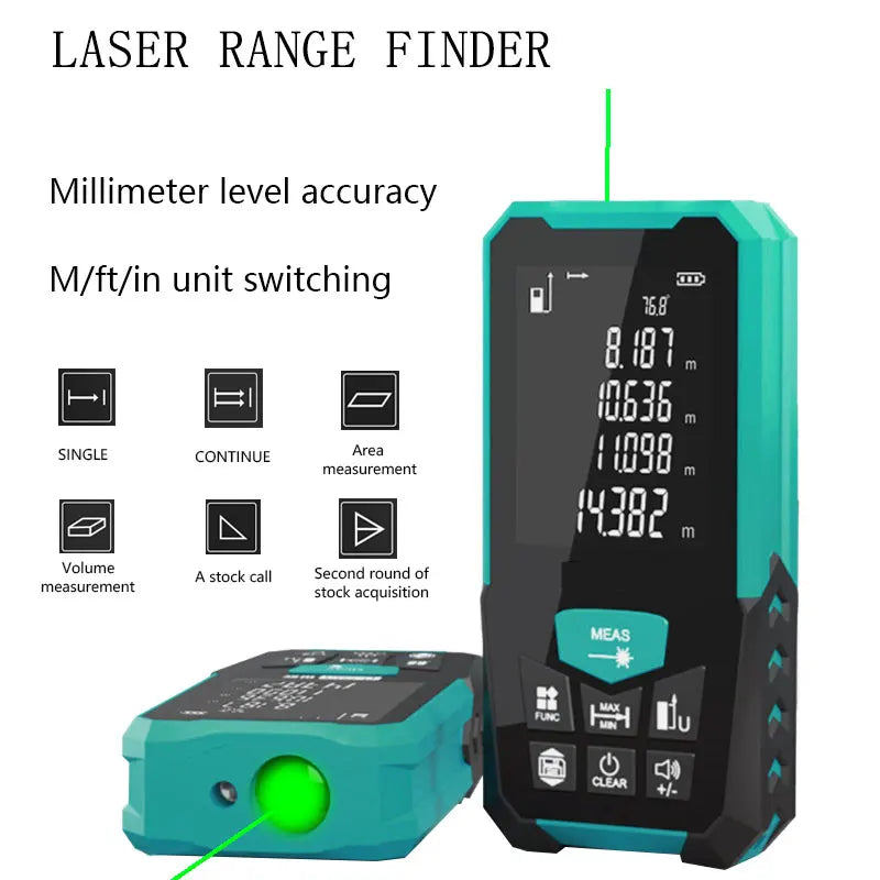 Green Laser Rangefinder, Multiple Measurement Modes, M/FT/IN Unit Switching, Battery Free, 5 Range Options
