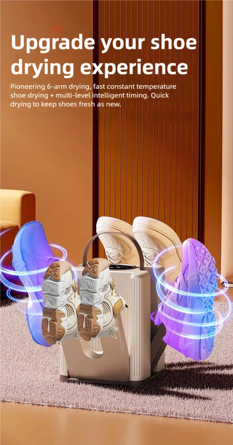 New 6-head shoe dryer can dry up to 3 pairs of shoes at a time. It quickly dries, deodorizes, disinfects, and has a smart timer