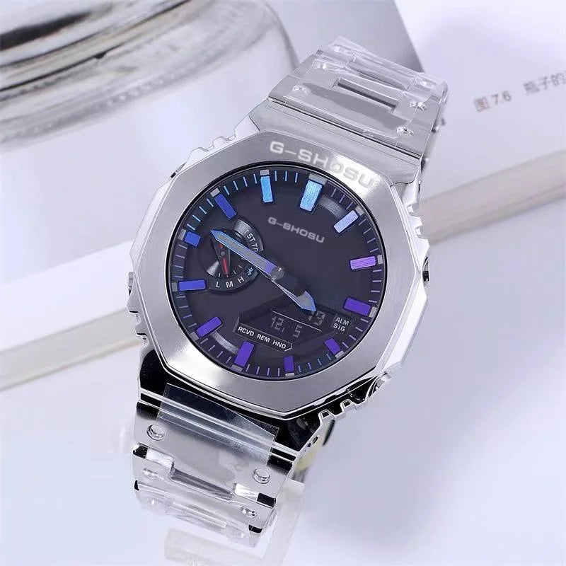 Sports Digital Electronic Unisex Watch Steel Strap Large Dial LED World Time All Hands Operational