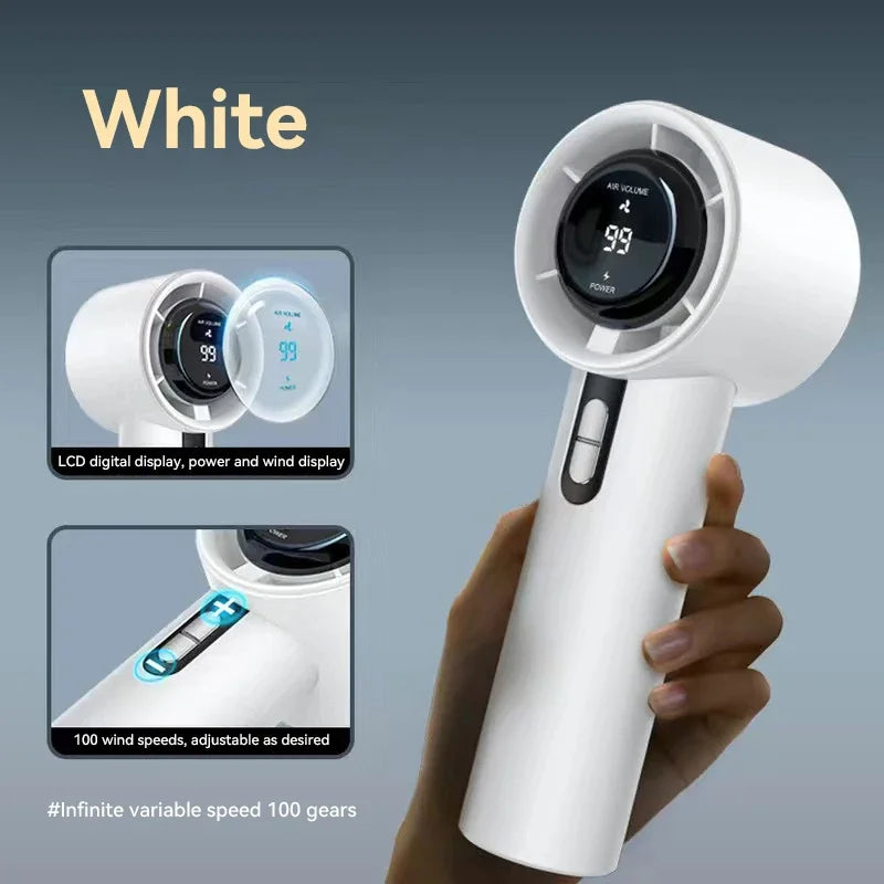 2025 Portable Turbo Handheld Fan - 100-Speed Adjustable, USB Rechargeable Mini Fan with LED for Camping, Outdoor & Travel