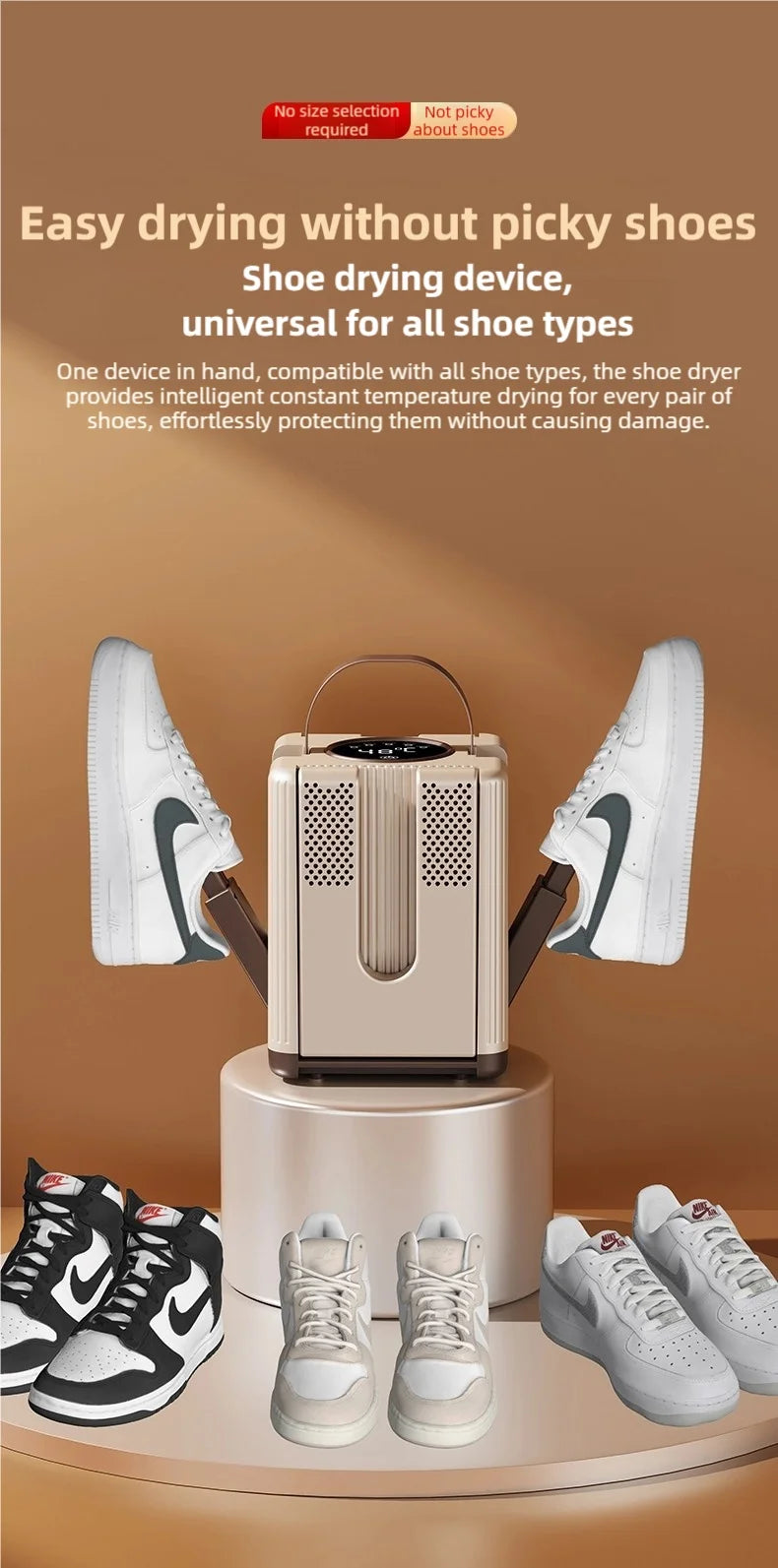 New 6-head shoe dryer can dry up to 3 pairs of shoes at a time. It quickly dries, deodorizes, disinfects, and has a smart timer