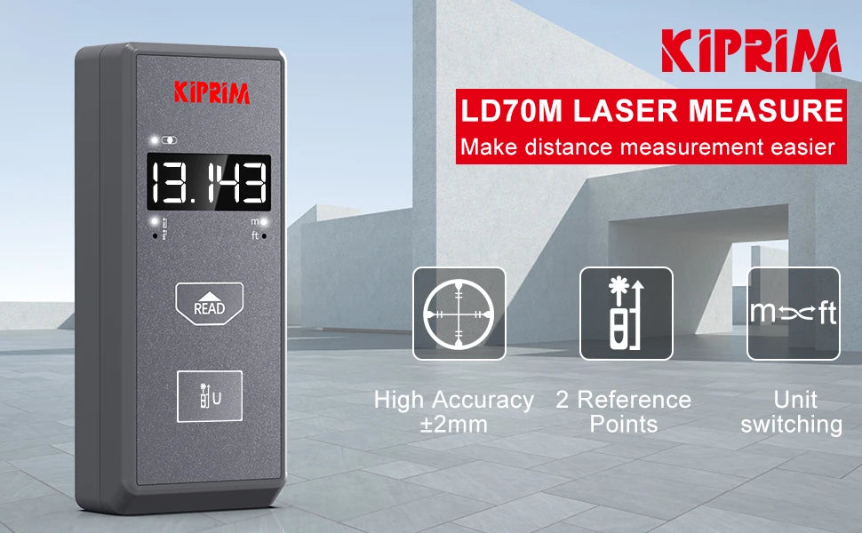 Kiprim Laser Rangefinder 50M 70M 100M Mini Laser Measurement Tool Laser Tape High Accuracy  Multiple Measurement Functions