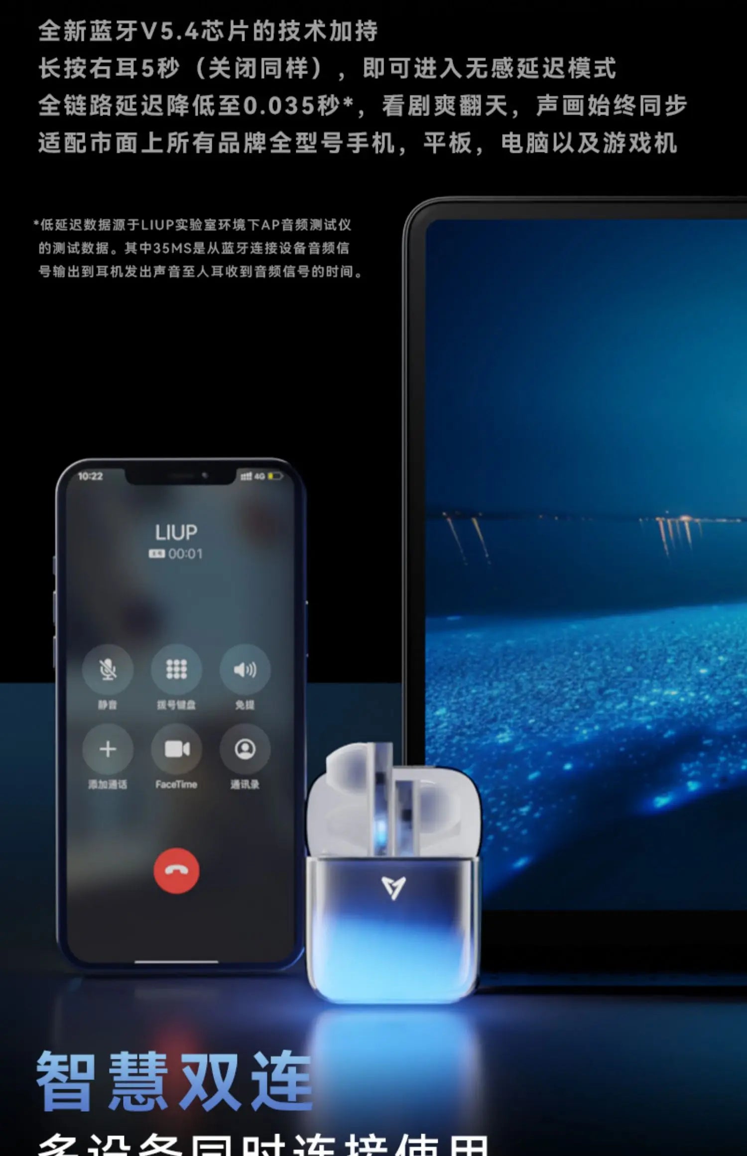 LIUP LP1 Luminous New Headphones Bluetooth Half in Ear Without Sensors Delay AI Active Noise Reduction  Dual Mode Switching Gift