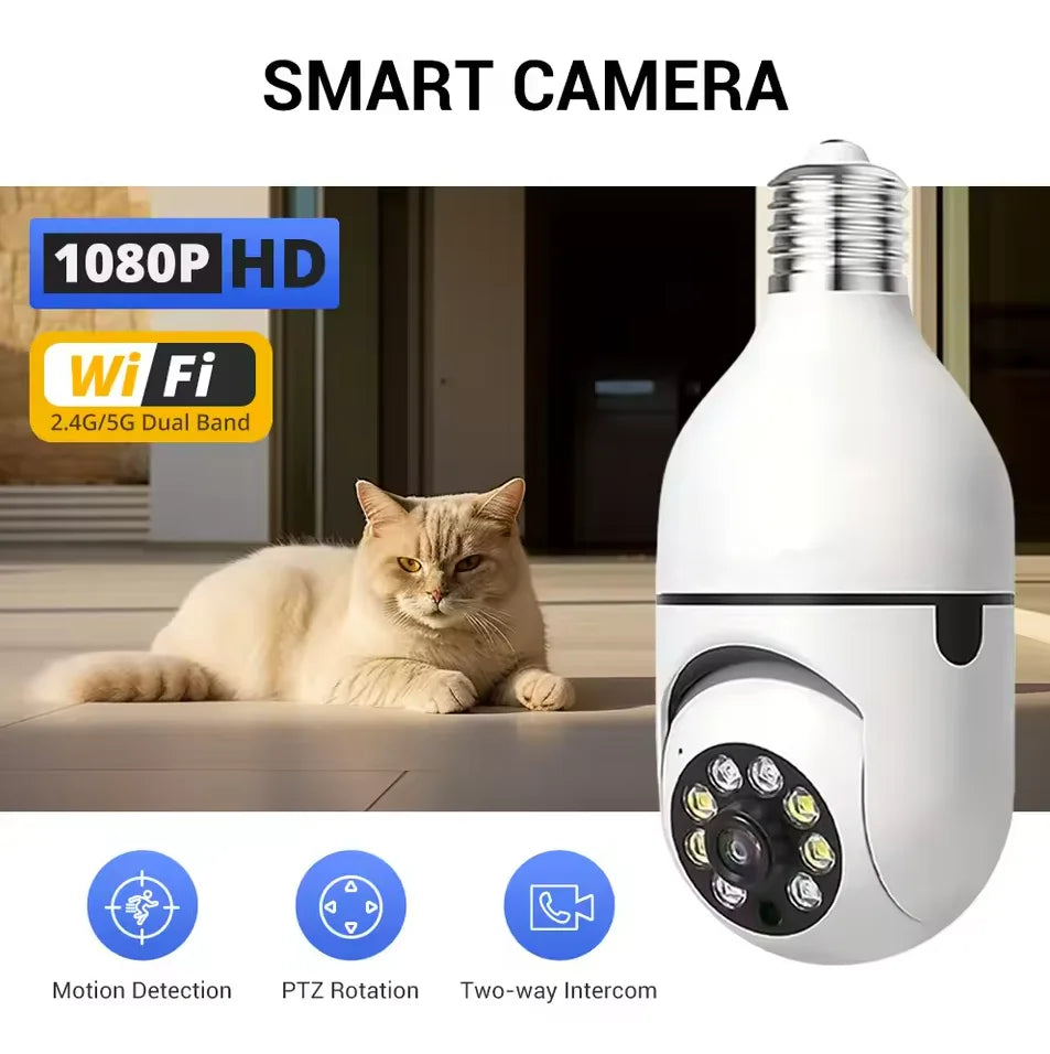 Light Bulb Security Cameras Outdoor Wireless WiFi Camera 5GHz, 360 Degree, E27 Light Socket Screw In Securi