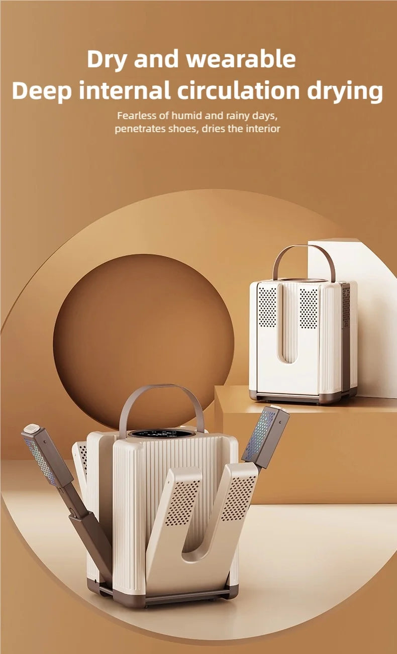 New 6-head shoe dryer can dry up to 3 pairs of shoes at a time. It quickly dries, deodorizes, disinfects, and has a smart timer