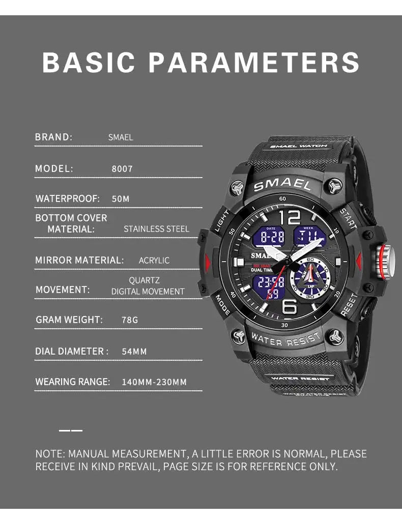 SMAEL Sport Watch Military Wristwatch for Men Alarm Stopwatch LED Digital Back Light Dual Time Display Waterproof Watch Men 8007