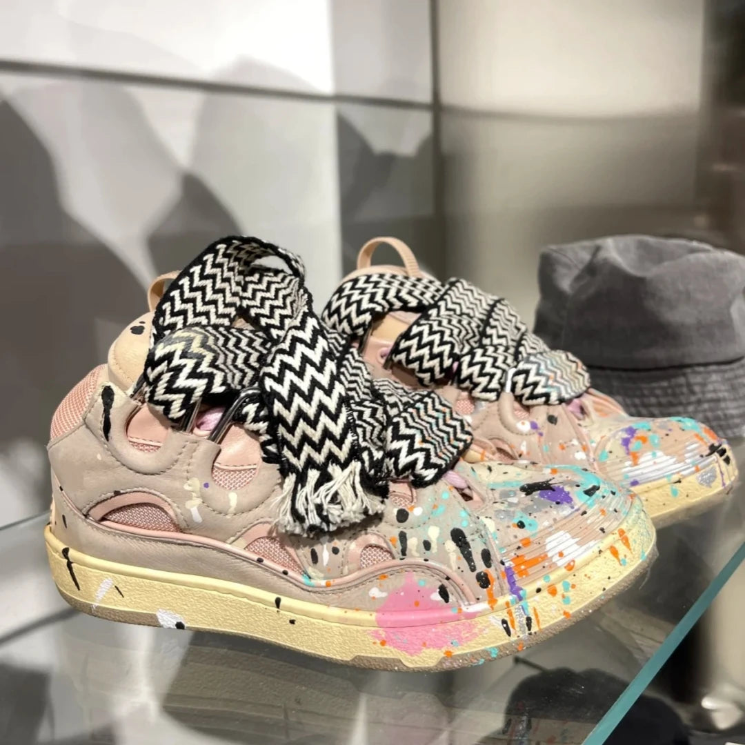 Thick Soled Casual Sports Shoes Men/women Colorblock Lace Up Round Toe Couples Colors Skateboard Shoes 2024 New Fashion Shoes