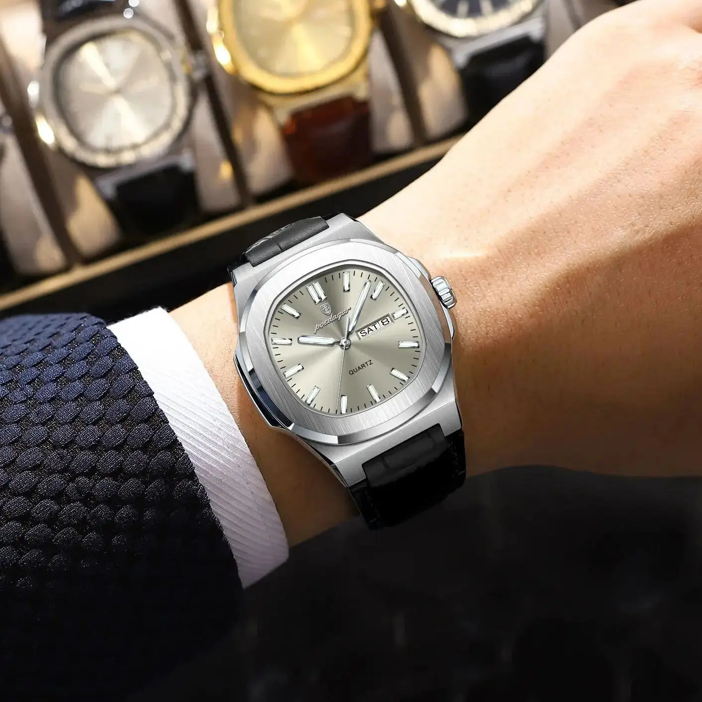 POEDAGAR High Quality Watch For Men Luxury Luminous Waterproof Week Calendar Man Clock Leather Square Men's Quartz Watches Reloj