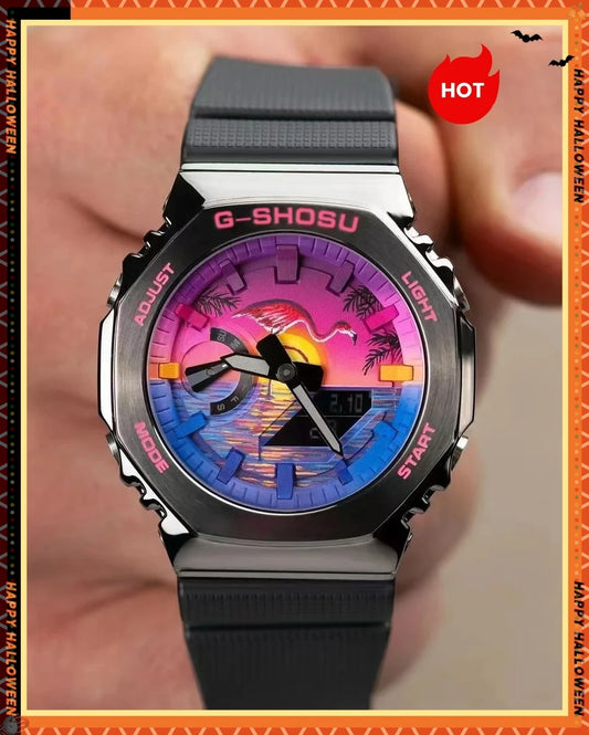 Electronic unisex digital watch with full function alloy dial GM oak series LED dual display world time full function