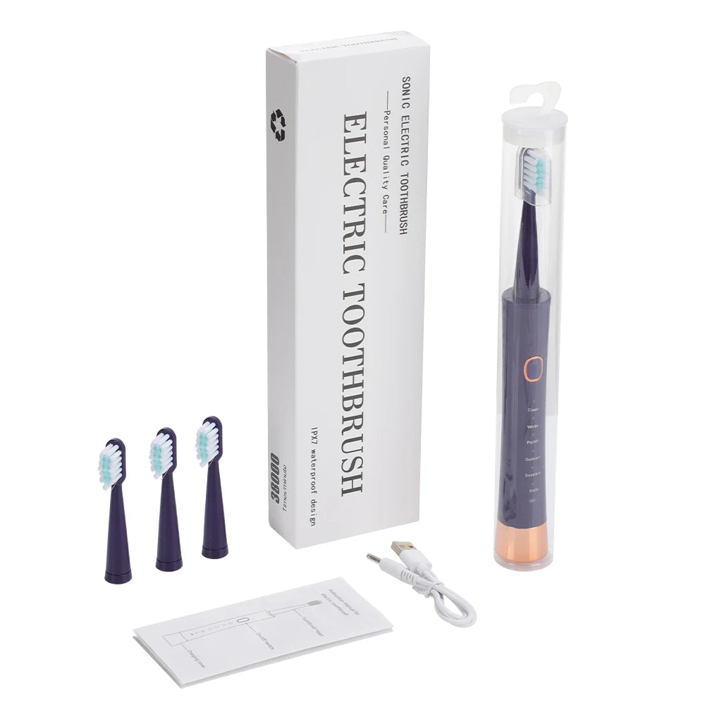 Ultrasonic Electric Toothbrush for Adults USB Rechargeable 5 Modes with 4 Toothbrush Heads IPX7 Waterproof Travel Toothbrush