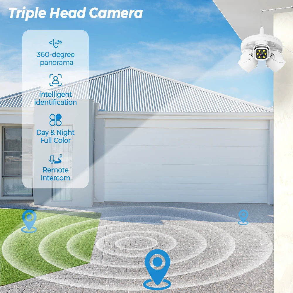 Smart 15MP Triple-Lens Bulb Security Camera 360° PTZ Auto Tracking 15MP 9MP Night Vision WiFi Waterproof CCTV 3-Screen View