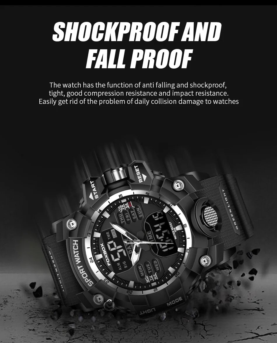 FOXBOX Waterproof Watches for Men Luxury Sport Chronograph Alarm Wristwatch Military Quartz Clock Digital Male Watch Student