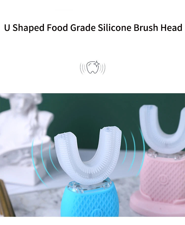 360° Ultrasonic Electric Toothbrush U Shaped for Adults Sonic Vibrations Tooth Brush with Charging Base Blue LED Light Whitening