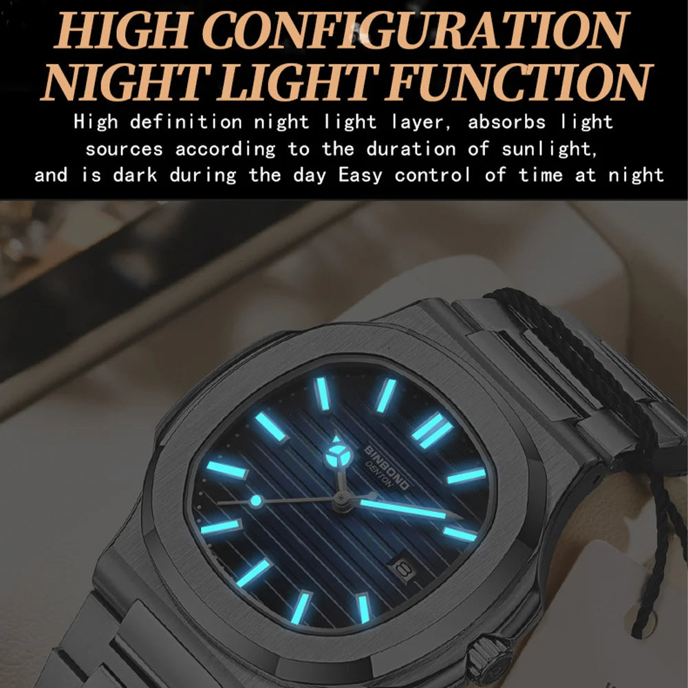 BINBOND New Luxury Men's Date Display Waterproof Stainless Steel Round Quartz Watch