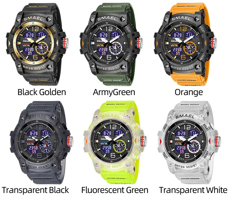 SMAEL Sport Watch Military Wristwatch for Men Alarm Stopwatch LED Digital Back Light Dual Time Display Waterproof Watch Men 8007
