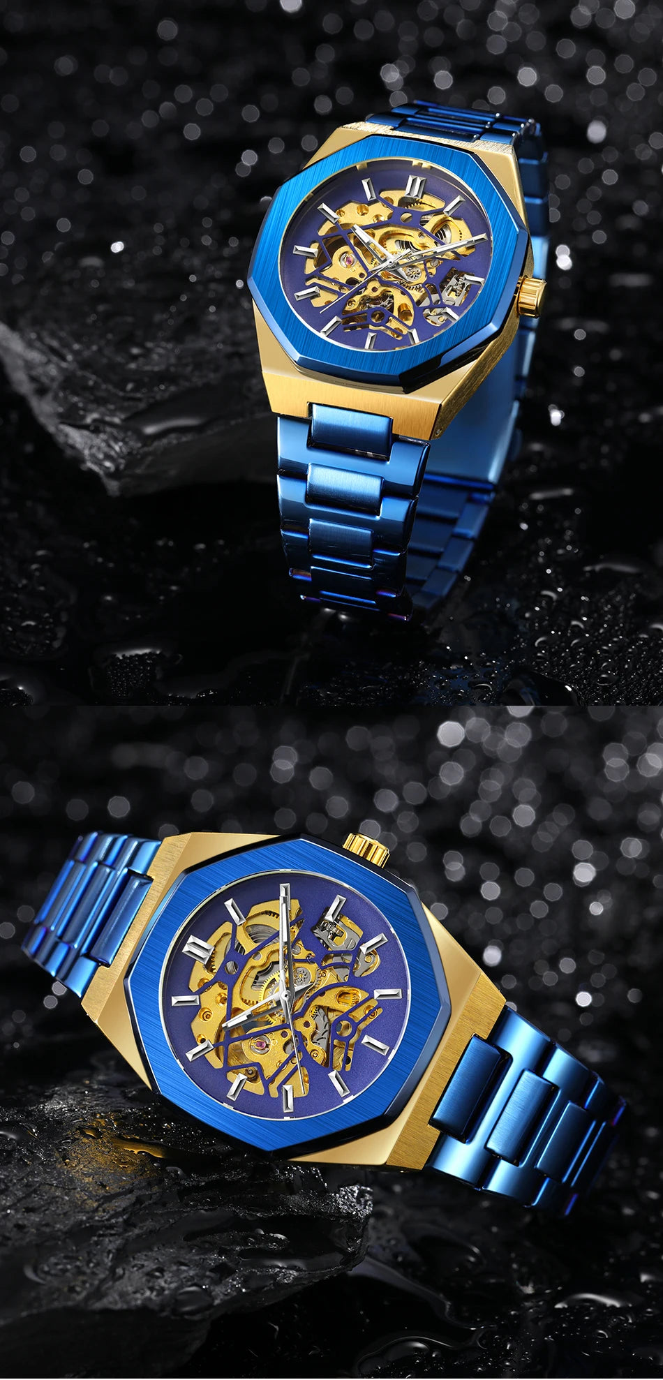 Forsining 344D Fashion Automatic Mechanical Watches for Man Transparent Skeleton Steel Strap Waterproof Luminous Men Wristwatch