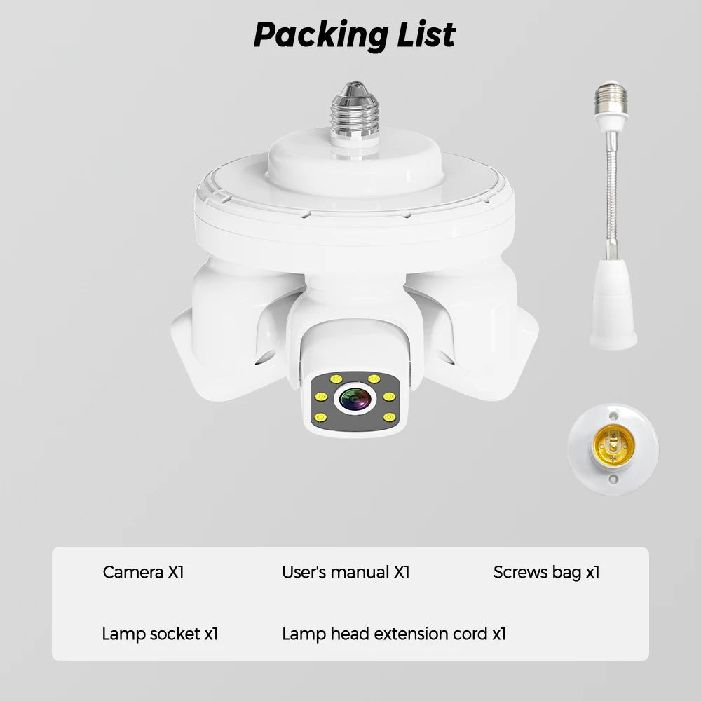 Smart 15MP Triple-Lens Bulb Security Camera 360° PTZ Auto Tracking 15MP 9MP Night Vision WiFi Waterproof CCTV 3-Screen View