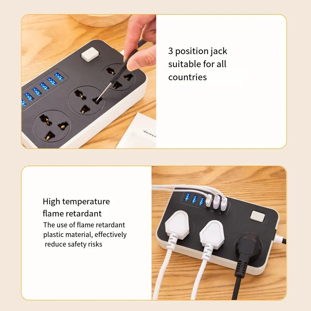 UK EU US Outlet Power Strip 2m Extension Cord 3-Outlets Extended USB Socket Power Button Safe Universal Plug Electrical Socket