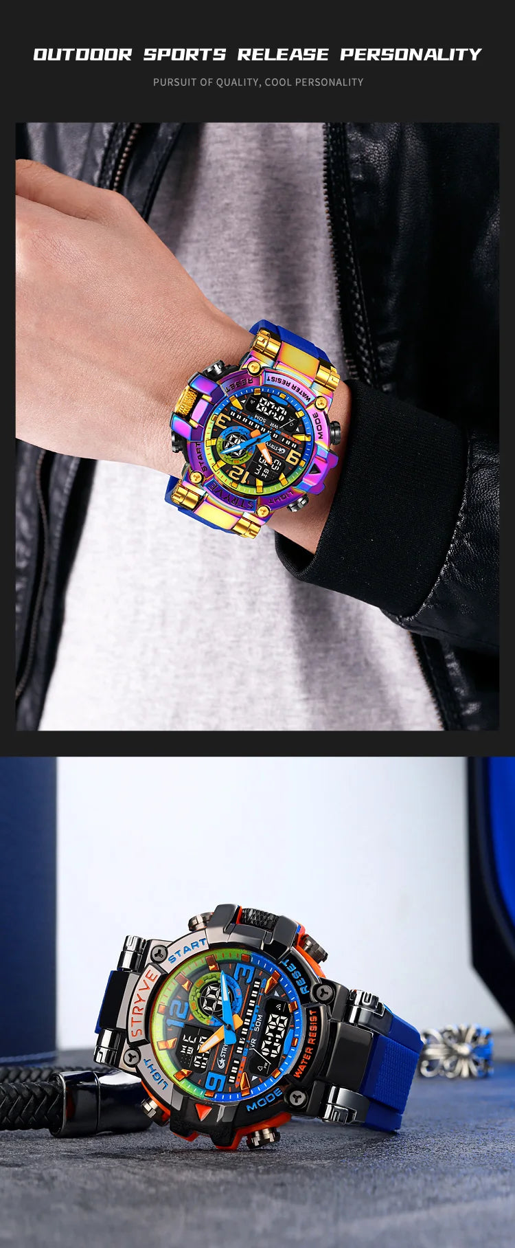 STRYVE 8025 Blue Men's Sport Watches Shock Resistant 50M Waterproof Wristwatch LED Alarm Stopwatch Clock Military Watches