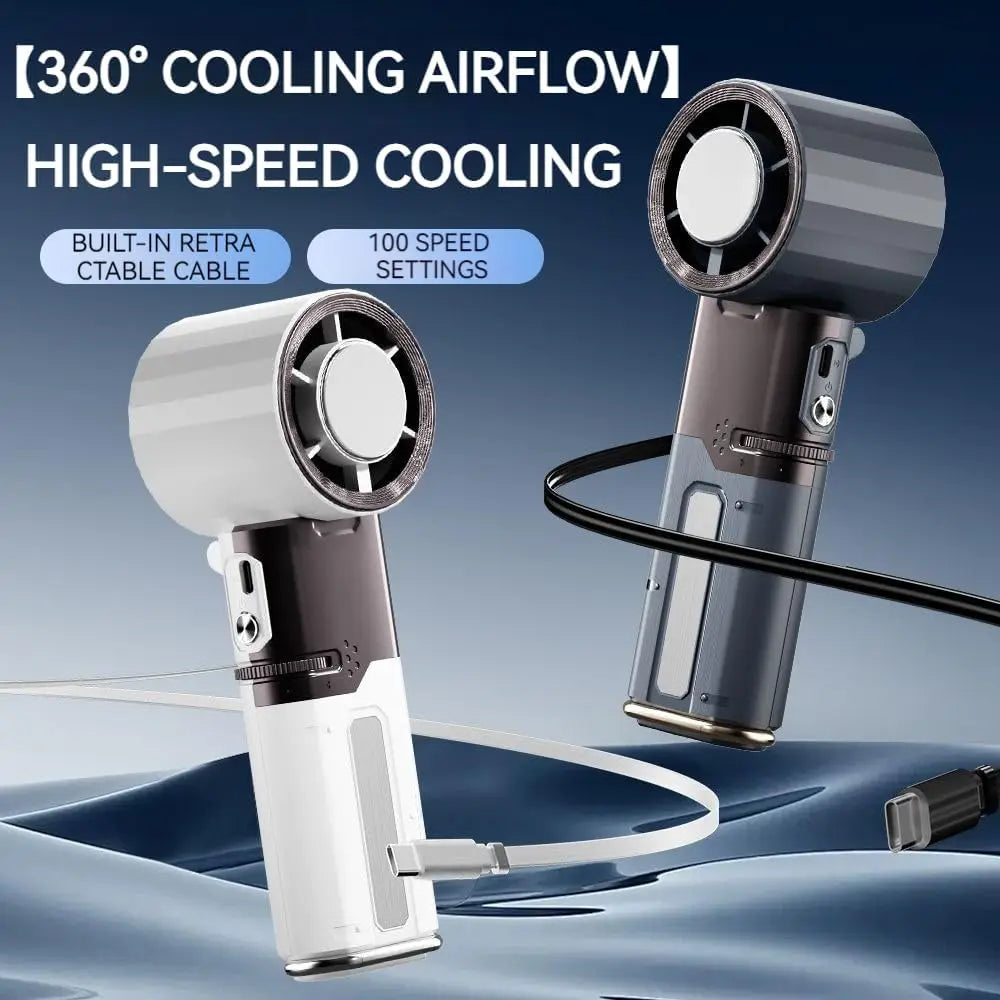 Portable Handheld Turbo Fan with Ice Compress, 6000mAh Rechargeable USB Fan, 135° Tilt Foldable Fan with built-in Type-C Cable