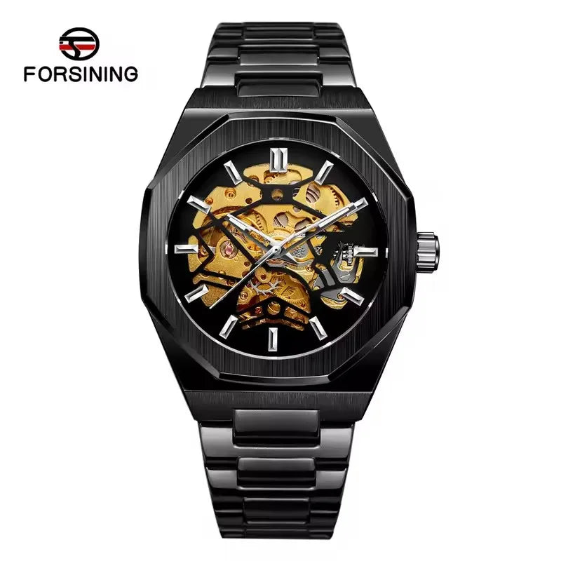 Forsining 344D Fashion Automatic Mechanical Watches for Man Transparent Skeleton Steel Strap Waterproof Luminous Men Wristwatch