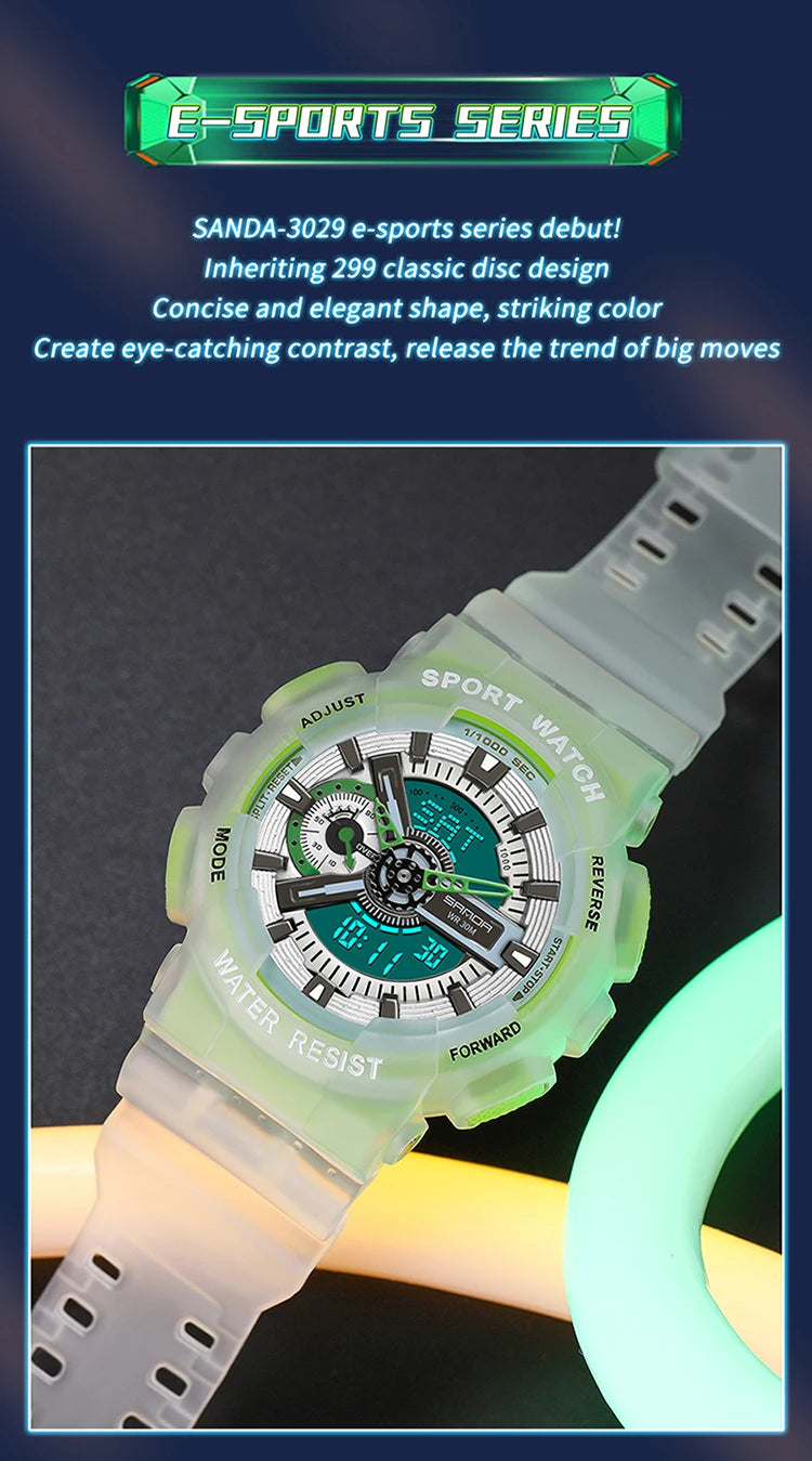 Sanda new 3029 watch luminous fashion personality Electronic Watch fluorescence watch Shell Man Watch