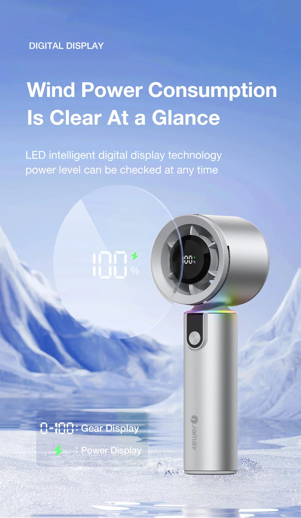 Portable Handheld Turbo Fan with LED Screen 5 Adjustable Speed Levels High Wind Cooling USB Rechargeable Summer Outdoor 4000mAh