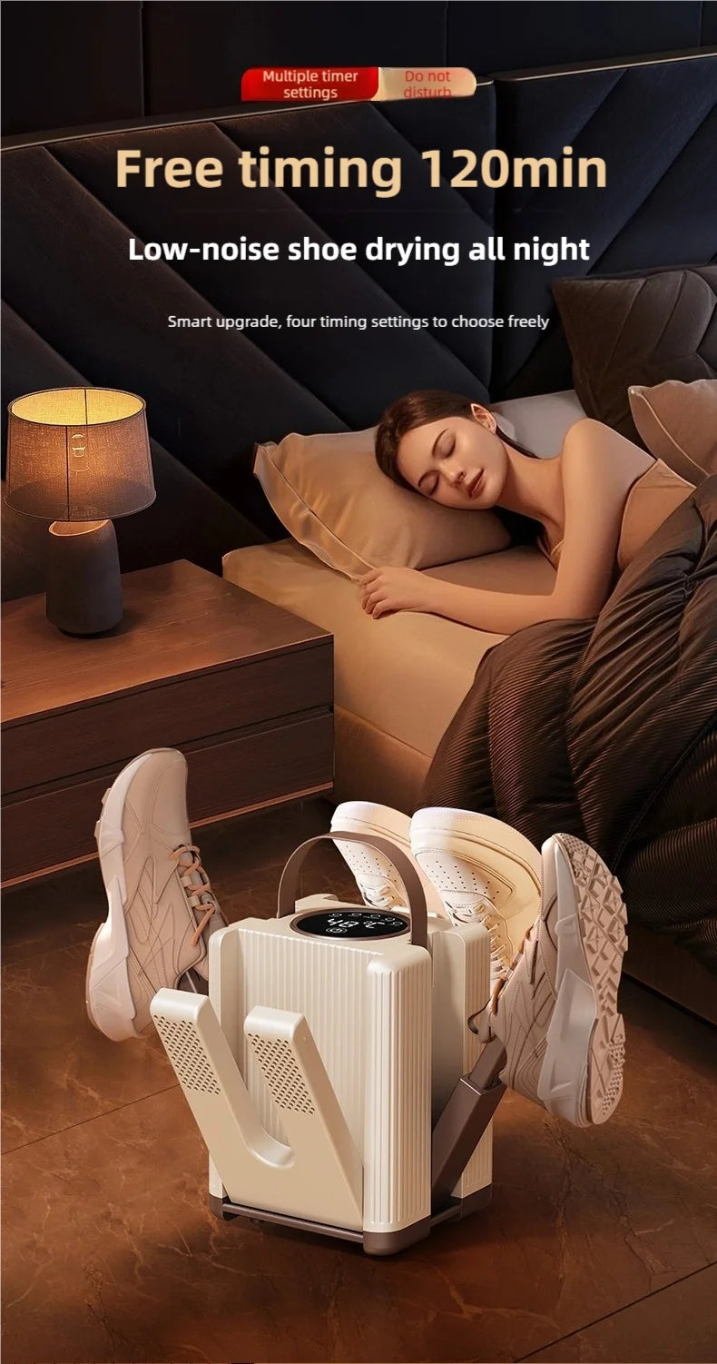 New 6-head shoe dryer can dry up to 3 pairs of shoes at a time. It quickly dries, deodorizes, disinfects, and has a smart timer