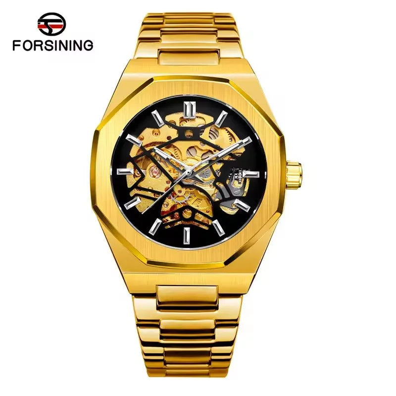 Forsining 344D Fashion Automatic Mechanical Watches for Man Transparent Skeleton Steel Strap Waterproof Luminous Men Wristwatch