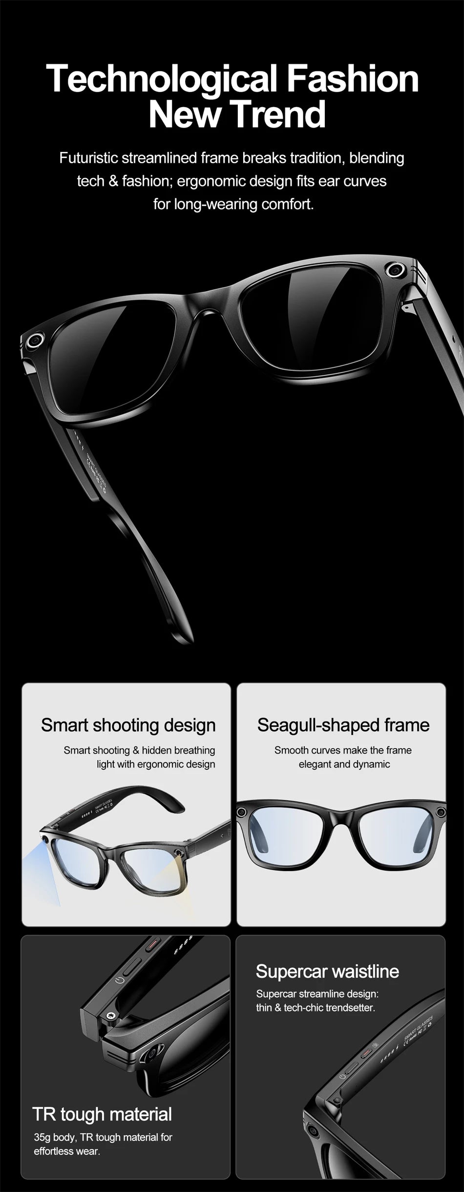 AI Smart Glasses with HD Camera for Photos Videos Hands-Free Vlog Recording Camera Glasses Audio for Driving Outdoor Sunglasses