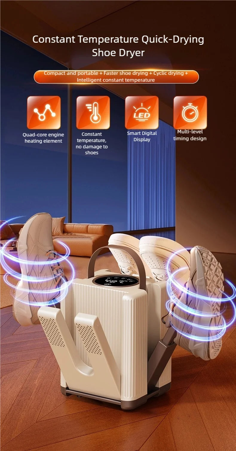 New 6-head shoe dryer can dry up to 3 pairs of shoes at a time. It quickly dries, deodorizes, disinfects, and has a smart timer