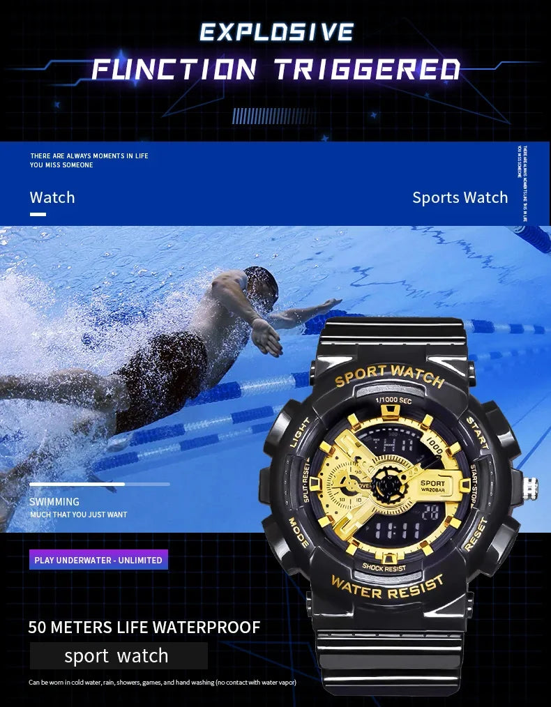 Youth Sport Digital Watch Men Shockproof Waterproof Dual Wristwatches LED  Alarm Clock Mens Watches Cool