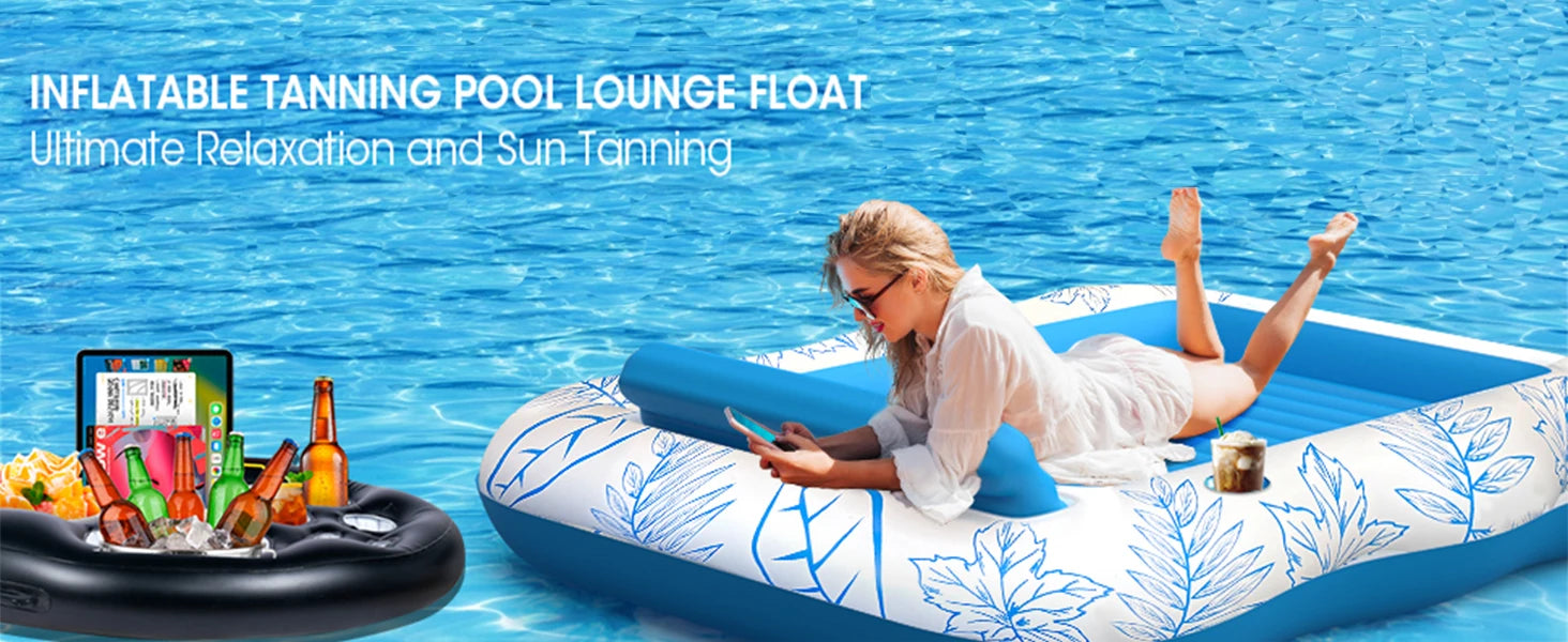 Inflatable Tanning Pool Lounger – Large (208 x 137 cm) – Premium Pool Float with Cupholders and Removeable Pillow, Palm Pattern