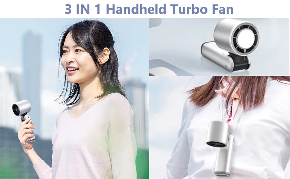 Portable Handheld Turbo Fan 100 Gear Wind USB Rechargeable Battery Operated Up to 3 IN 1 Personal with Air Tech Cooling